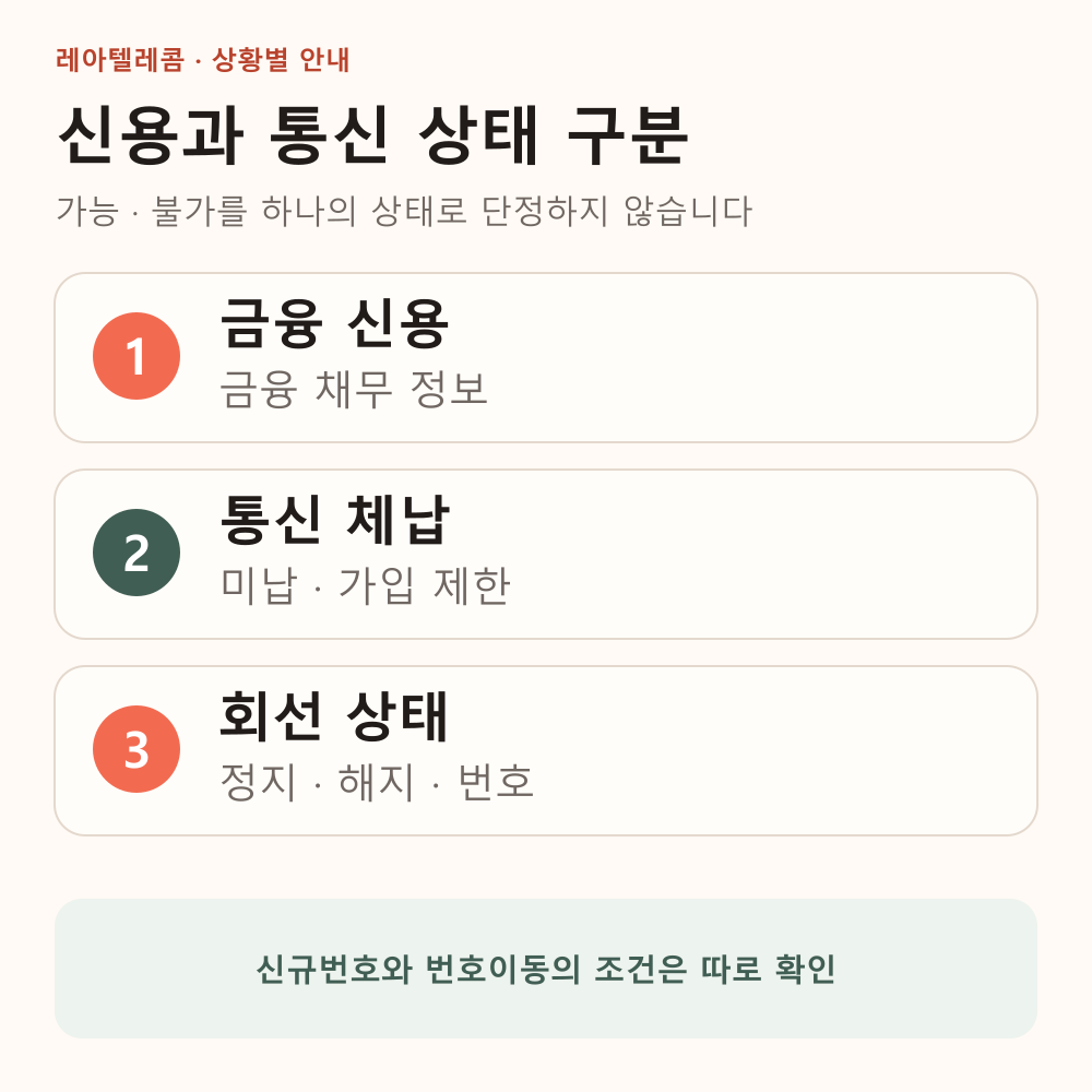 금융 신용, 통신 체납과 기존 회선 상태를 서로 다른 정보로 구분하는 안내
